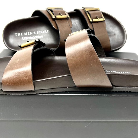 The Men's Store Bloomingdales Devin Soft Brown Leather Men's Slides Sandals - Picture 2 of 4